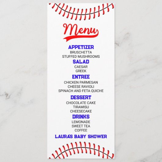 野球スポーツ赤い青の赤ちゃんシャワーフード メニュー (正面)