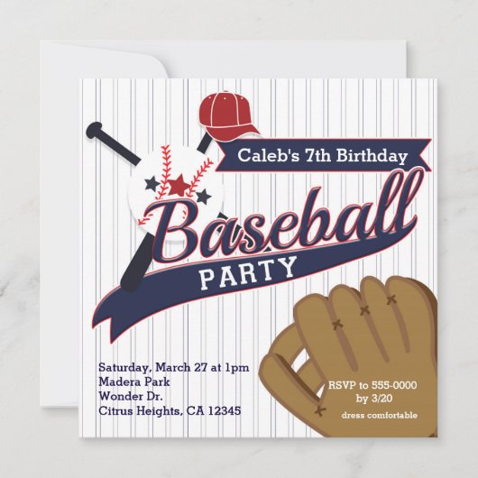 野球スポーツ ピン ストライプ 誕生日パーティー 招待状 (正面)