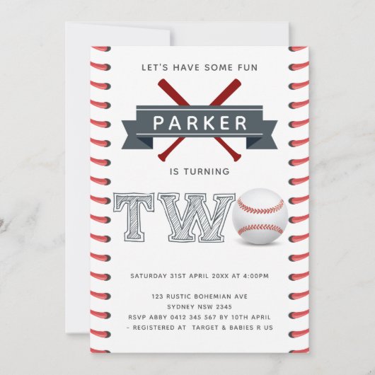 野球セカンド誕生日ボーイ 招待状 (正面)