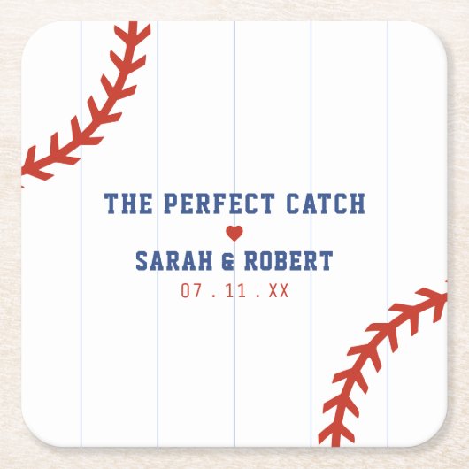 野球ソフトボールスポーツハート結婚Pinstried スクエアペーパーコースター (正面)