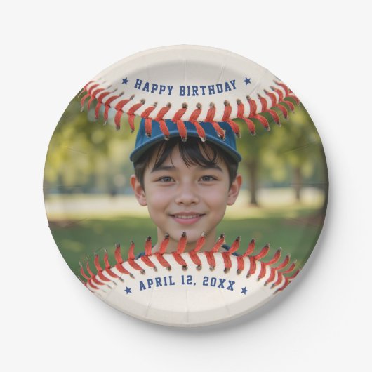 野球ソフトボールスポーツフォトハッピーバースデーパーティー ペーパープレート (正面)