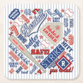 野球タイポグラフィストライプ赤白青ID770 スクエアペーパーコースター (正面)