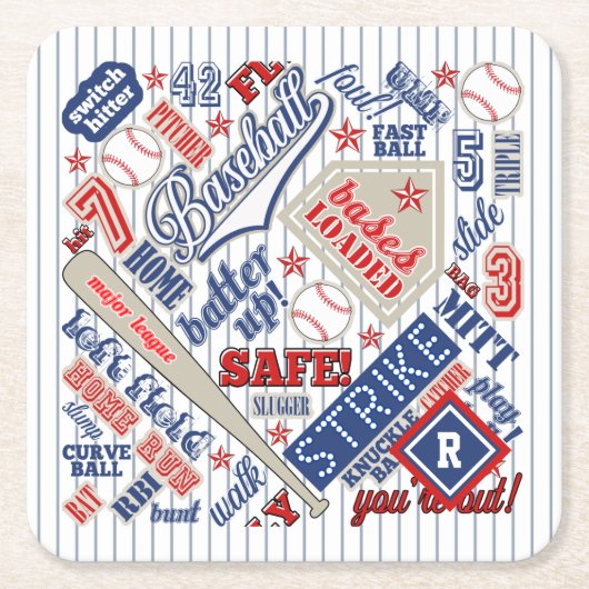 野球タイポグラフィストライプ赤白青ID770 スクエアペーパーコースター (正面)