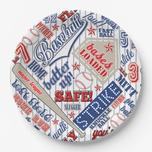 野球タイポグラフィストライプ赤白青ID770 ペーパープレート (正面)
