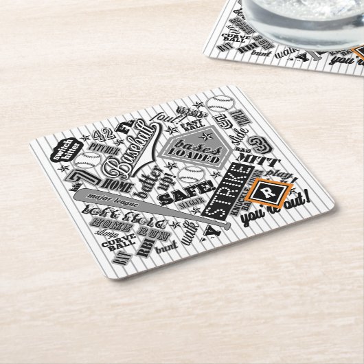 野球タイポグラフィ白黒ストライプID770 スクエアペーパーコースター (アングル)