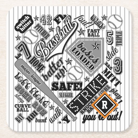 野球タイポグラフィ白黒ストライプID770 スクエアペーパーコースター (正面)