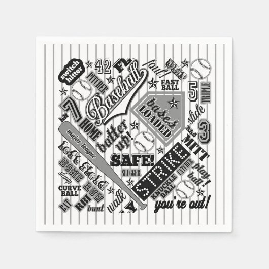 野球タイポグラフィ白黒ストライプID770 スタンダードカクテルナプキン (正面)