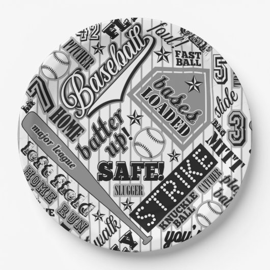 野球タイポグラフィ白黒ストライプID770 ペーパープレート (正面)