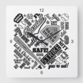 野球タイポグラフィ白黒ID770 スクエア壁時計 (正面)