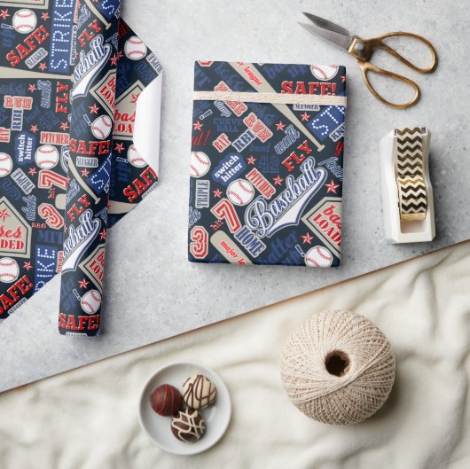 野球タイポグラフィ赤白青ID770 ラッピングペーパー (クラフト)