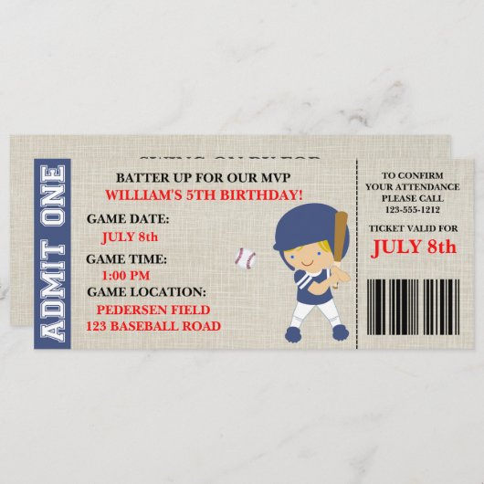 野球チケットの誕生日の招待状のカスタマイズ 招待状 (正面/裏面)