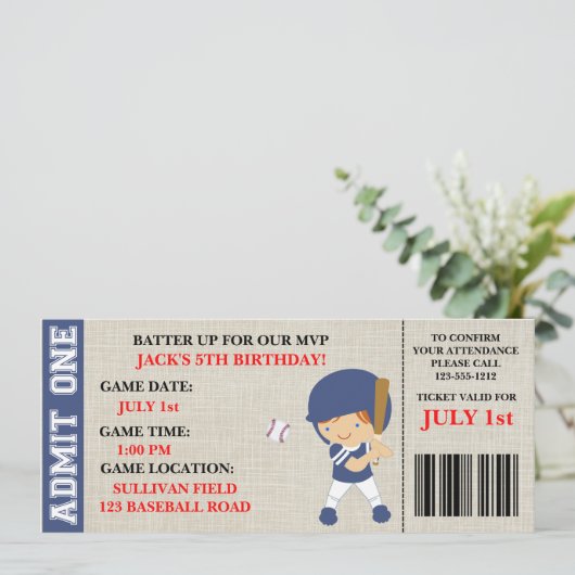 野球チケットの誕生日の招待状のカスタマイズ 招待状 (スタンド正面)