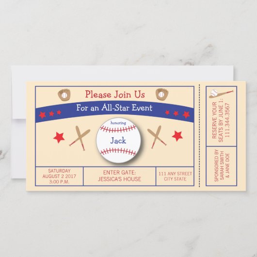 野球チケット誕生日パーティーの招待状 (正面)