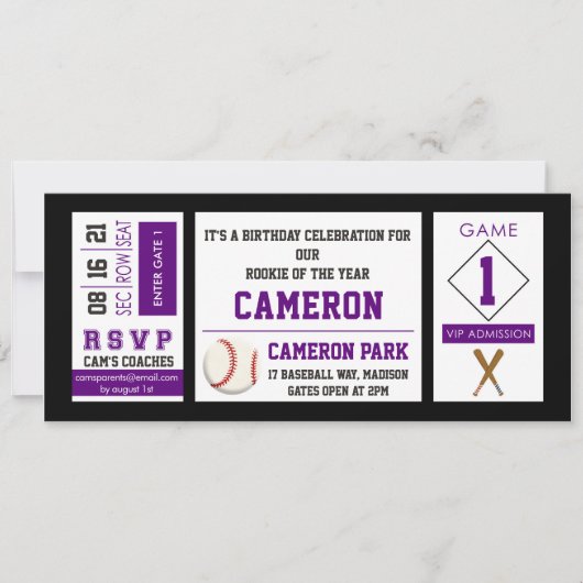 野球チケット誕生日パーティー招待パープル 招待状 (正面)