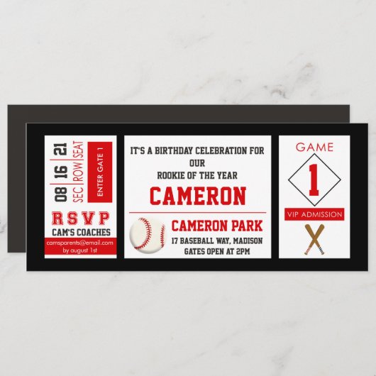 野球チケット誕生日パーティー招待赤 招待状 (正面/裏面)