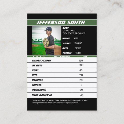 野球チームのトレーディングカードスポーツギフトグリーン コーリングカード (裏面)