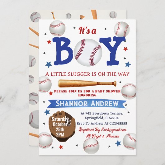 野球チームのベビーシャワーを浴びる個人的なスイング 招待状 (正面/裏面)