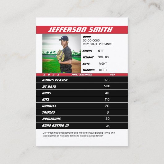 野球チームトレーディングカードギフトレッドホワイト コーリングカード (裏面)