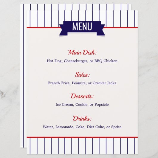 野球テーマのパーティーメニュー (正面/裏面)