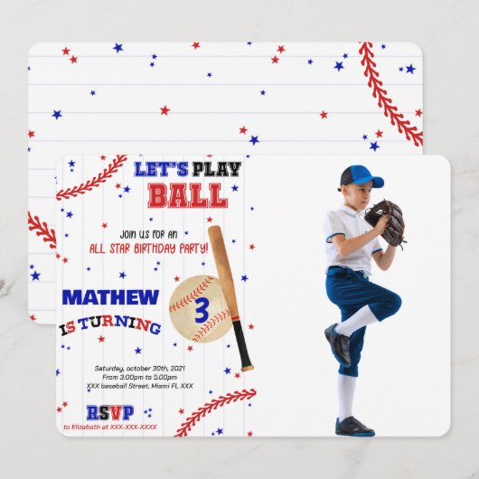 野球テーマの誕生日写真招待 招待状 (正面/裏面)
