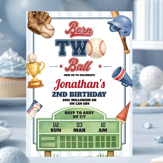 野球テーマの「Born Two Ball」2歳の誕生日 招待状