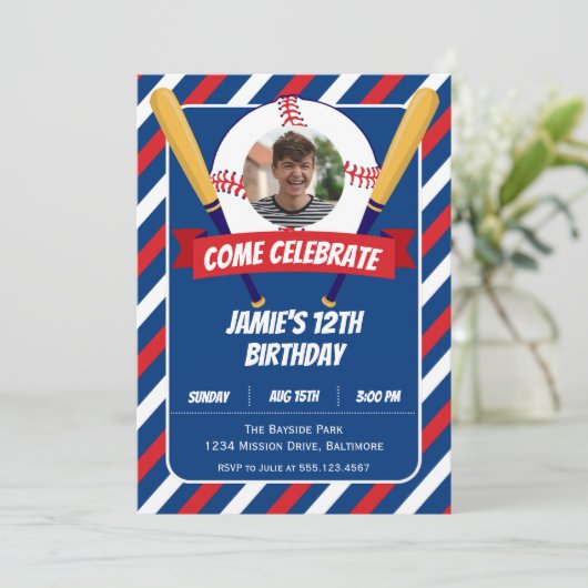 野球テーマスポーツサマーアウトドアバースデーパーティー 招待状 (スタンド正面)