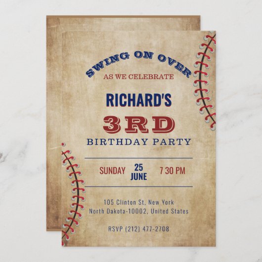野球テーマスポーツ誕生日 招待状 (正面/裏面)