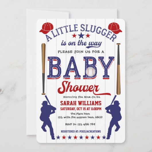 野球テーマベビーシャワー、男の赤ちゃんシャワー 招待状 (正面)