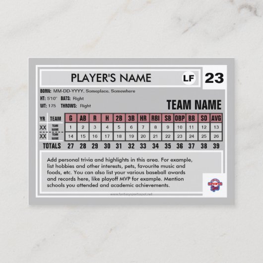 野球トレーディングカードダークグレーフルト – カスタム統計 コーリングカード (裏面)