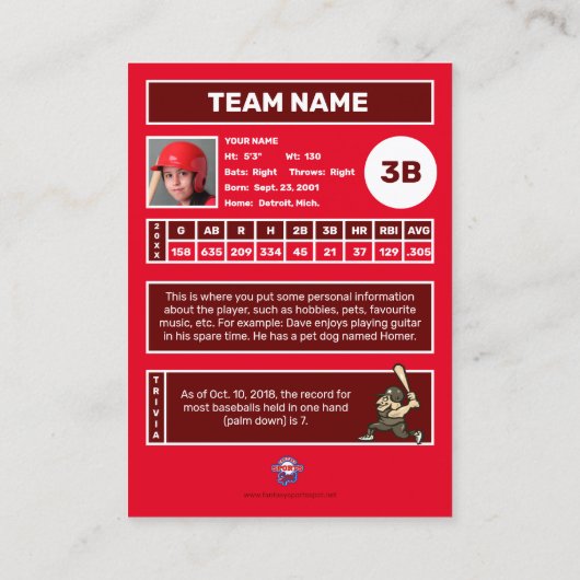 野球トレーディングカードレッドバック – カスタム統計 コーリングカード (裏面)