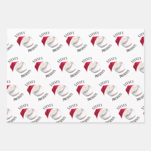 野球ハッピパーソナライズされたークリスマスホリデー ラッピングペーパーシート (正面)