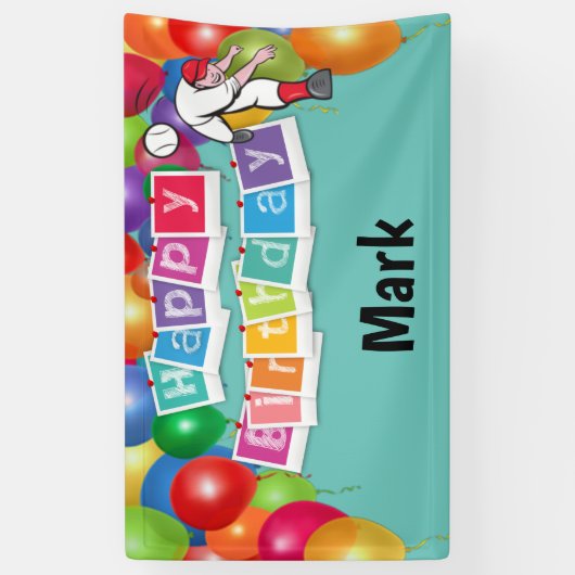 野球ハッピーバースデー選手がボール風船を投げる 横断幕 (縦)