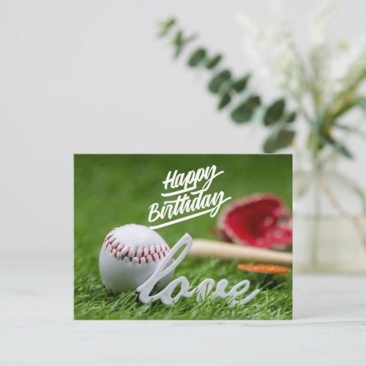 野球ハッピーバースデー（緑の草の上にボールを置く） ポストカード (スタンド正面)