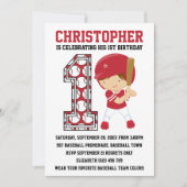 野球バッターレッドホワイト1歳の誕生日パーティー 招待状 (正面)