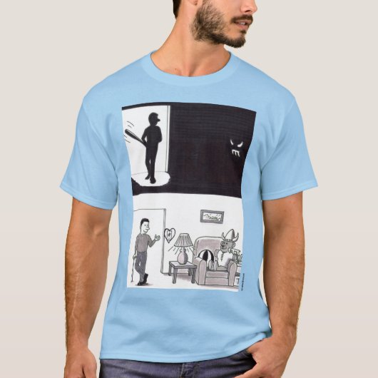 野球バットを持って暗い部屋に入る男性が怖がる Tシャツ (正面)