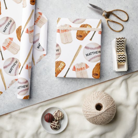 野球パターンキッズ名ラッピング紙 ラッピングペーパー (クラフト)