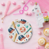 野球パターンブルーレッドこうもりハットボール誕生日 ペーパープレート (パーティー)