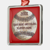 野球パーソナライズされたのオーナメント、あなたの色、文字 メタルオーナメント (左)