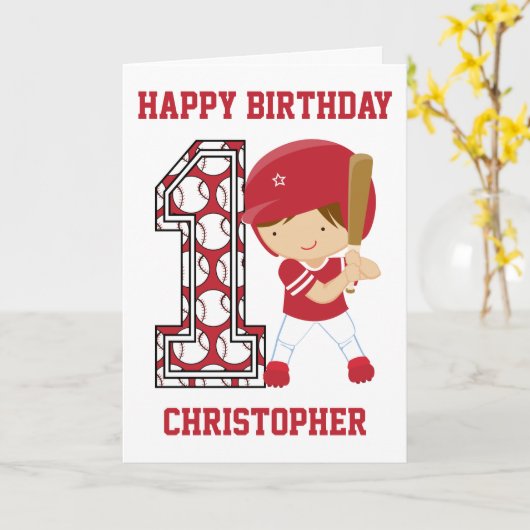 野球パーソナライズされたの第1バースデーバッターレッド カード (黄色い花)
