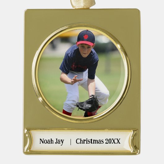 野球パーソナライズされた写真オーナメント-金ゴールドトーン ゴールドプレートバナーオーナメント (正面)