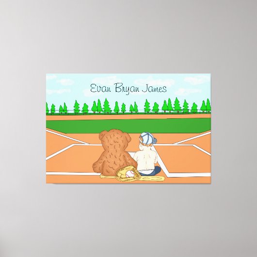 野球パーソナライズされた帽テディベアの男の赤ちゃん キャンバスプリント (正面)