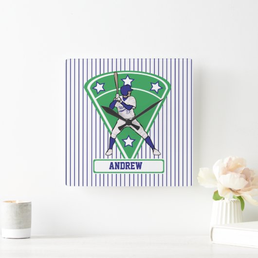 野球パーソナライズされた打者スターブルー スクエア壁時計 (ホーム)