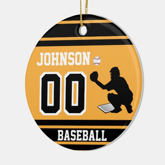 野球パーソナライズされた捕手 |金ゴールドと黒 セラミックオーナメント (左)