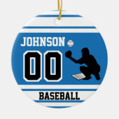 野球パーソナライズされた捕手 |青と白 セラミックオーナメント (正面)