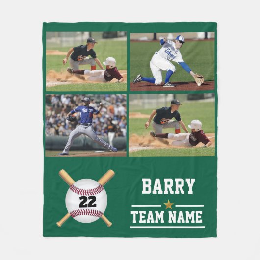野球パーソナライズされた4フォトコラージュ名チーム フリースブランケット (正面)
