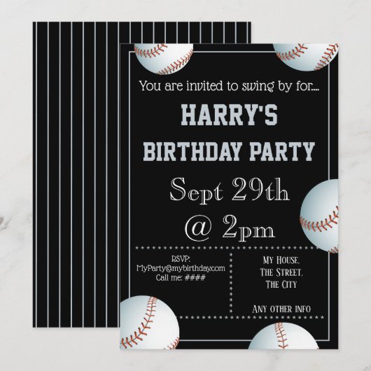野球パーティーの招待状（編集可能） 招待状 (正面/裏面)