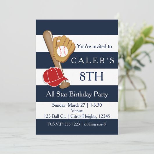 野球パーティーブルーストライプ誕生日招待状 招待状 (スタンド正面)