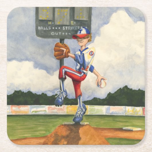 野球ピッチャーオンマウンドby Jay Throckmorton スクエアペーパーコースター (正面)