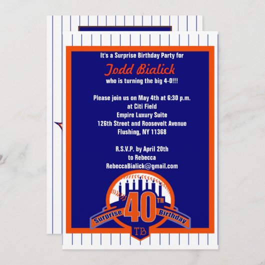 野球ファンの驚きの誕生日の招待 招待状 (正面/裏面)