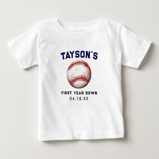 野球ファーストイヤーダウン 1歳の誕生日 ベビーTシャツ (正面)